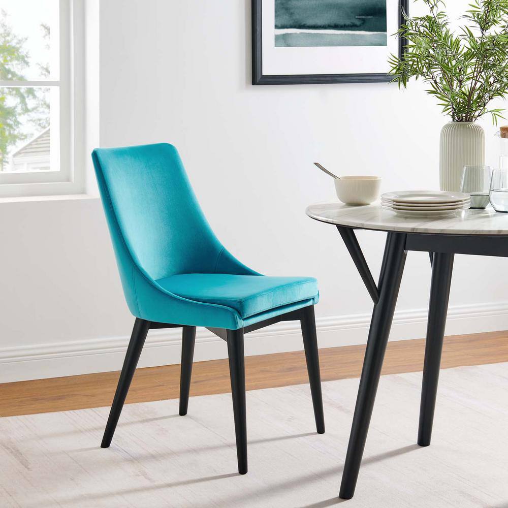 Blue Velvet Upholstered Dining Chairs with Black Wood Legs, Set of 2