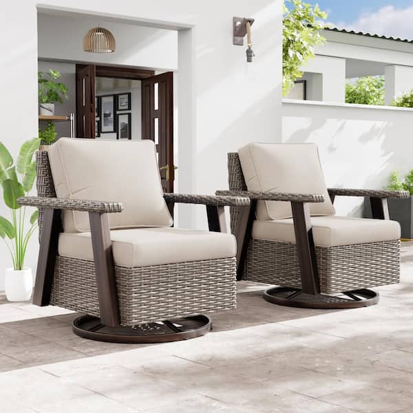 2-Pack Wicker Patio Outdoor Rocking Chair Swivel Lounge Chair with Beige Cushions