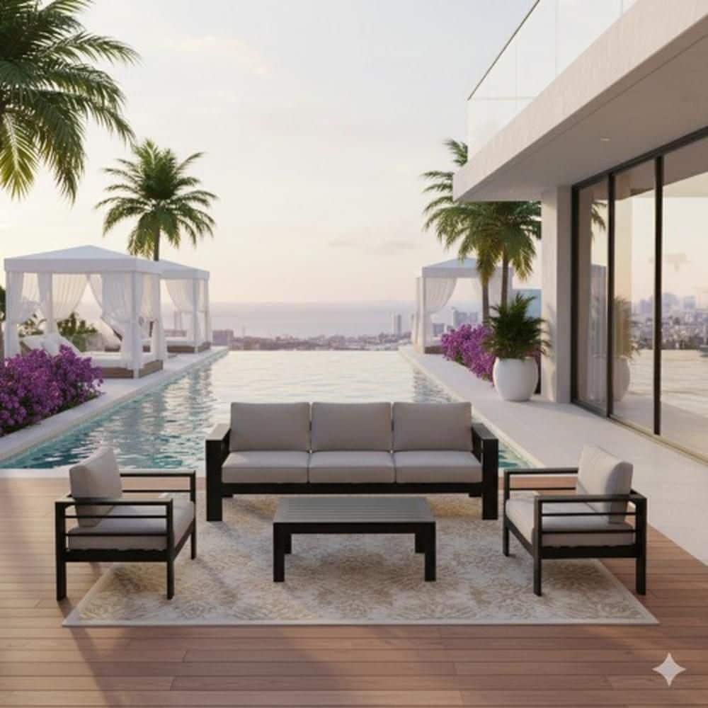 4-Piece Metal Outdoor Dining Conversation Patio Furniture Set with Gray Cushions