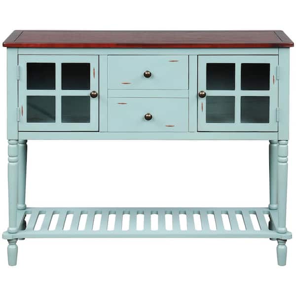 Unbranded 42 in. Blue Antique Rectangle Solid Wood Console Table with 2-Drawers 2-Doors Long Shelf