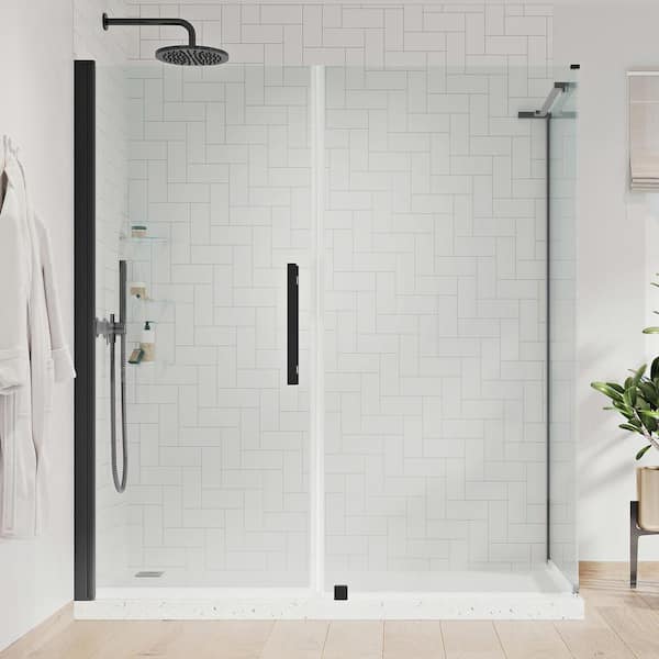 OVE Decors Pasadena 59-13/16 in. W x 72 in. H Rectangular Pivot Frameless Corner Shower Enclosure in Black with Shelves