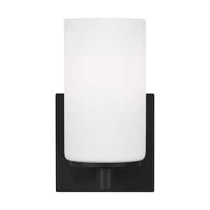 Hettinger 4 in. 1-Light Matte Black Transitional Contemporary Wall Sconce Bathroom Vanity Light with White Glass