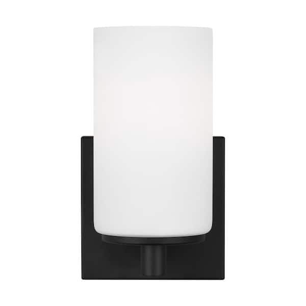 Generation Lighting Hettinger 4 in. 1-Light Matte Black Transitional Contemporary Wall Sconce Bathroom Vanity Light with White Glass