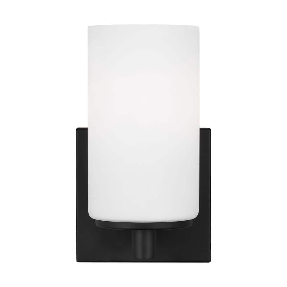 Matte Black Steel Wall Light with Etched Glass Shade