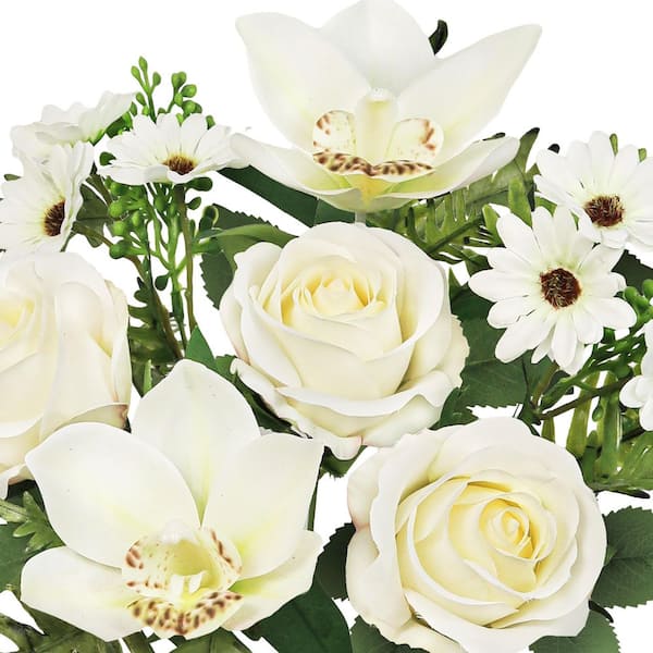 16 in. Cream White Artificial Mixed Rose Cymbidium Orchid Daisy Flower Stem Bush Bouquet (Set of 2)