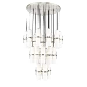 Cayden 36 in. 27-Light Brushed Nickel Round Chandelier with Clear Plus Etched Opal Glass Shades
