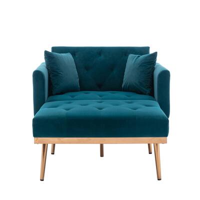 Lake Blue Modern Velvet Tufted Chaise Lounge Chair with Golden Metal Legs