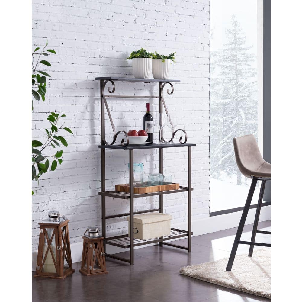 Pewter and Black Metal Baker's Rack with Wood Shelves