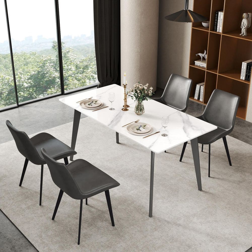 White Rectangle Marble 62.99 in. Pedestal Living Room Dining Table with Gray Stainless Steel Leg Seats 6 price history on PriceWatchPro