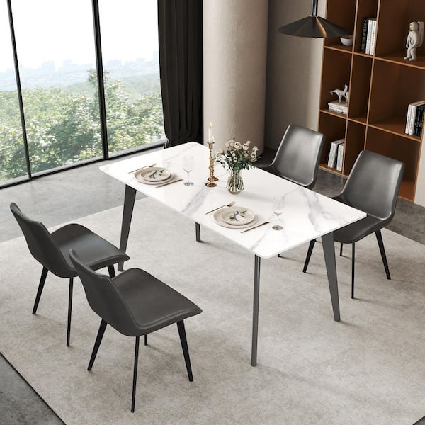 White Rectangle Marble 62.99 in. Pedestal Living Room Dining Table with Gray Stainless Steel Leg Seats 6