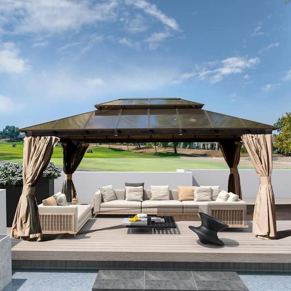 Beaulo 16 ft. x 12 ft. Aluminum Hardtop Gazebo in Brown with Double Polycarbonate Roofs and Mosquito Net