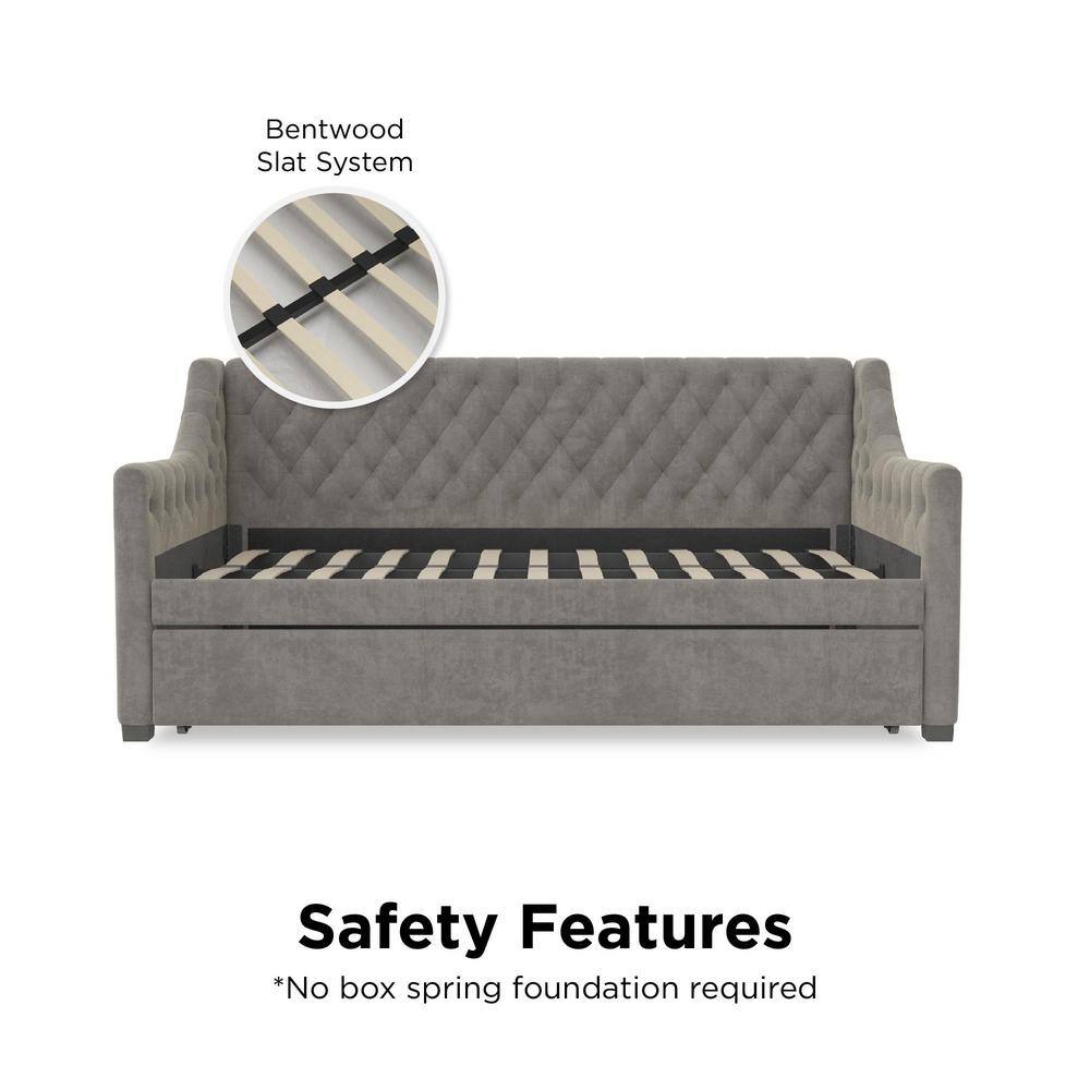Light Gray Velvet Twin Daybed with Trundle and Tufted Upholstery