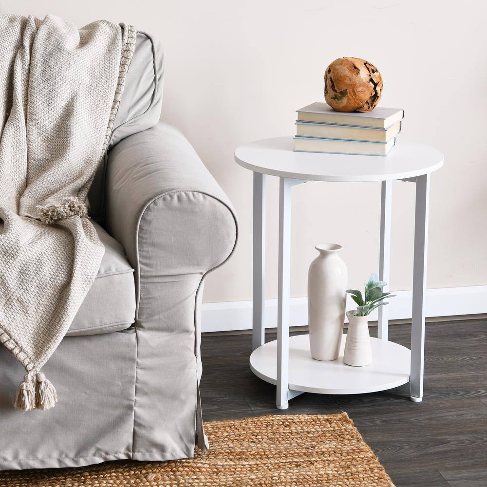 White Round Minimalist End Table with Metal Frame and Shelf