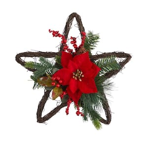 16 in. Holiday Poinsettia Star Twig Artificial Christmas Wreath