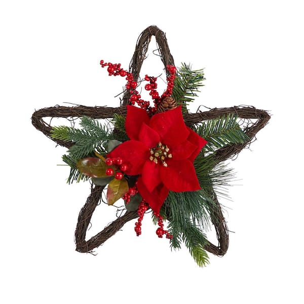 Nearly Natural 16 in. Holiday Poinsettia Star Twig Artificial Christmas Wreath