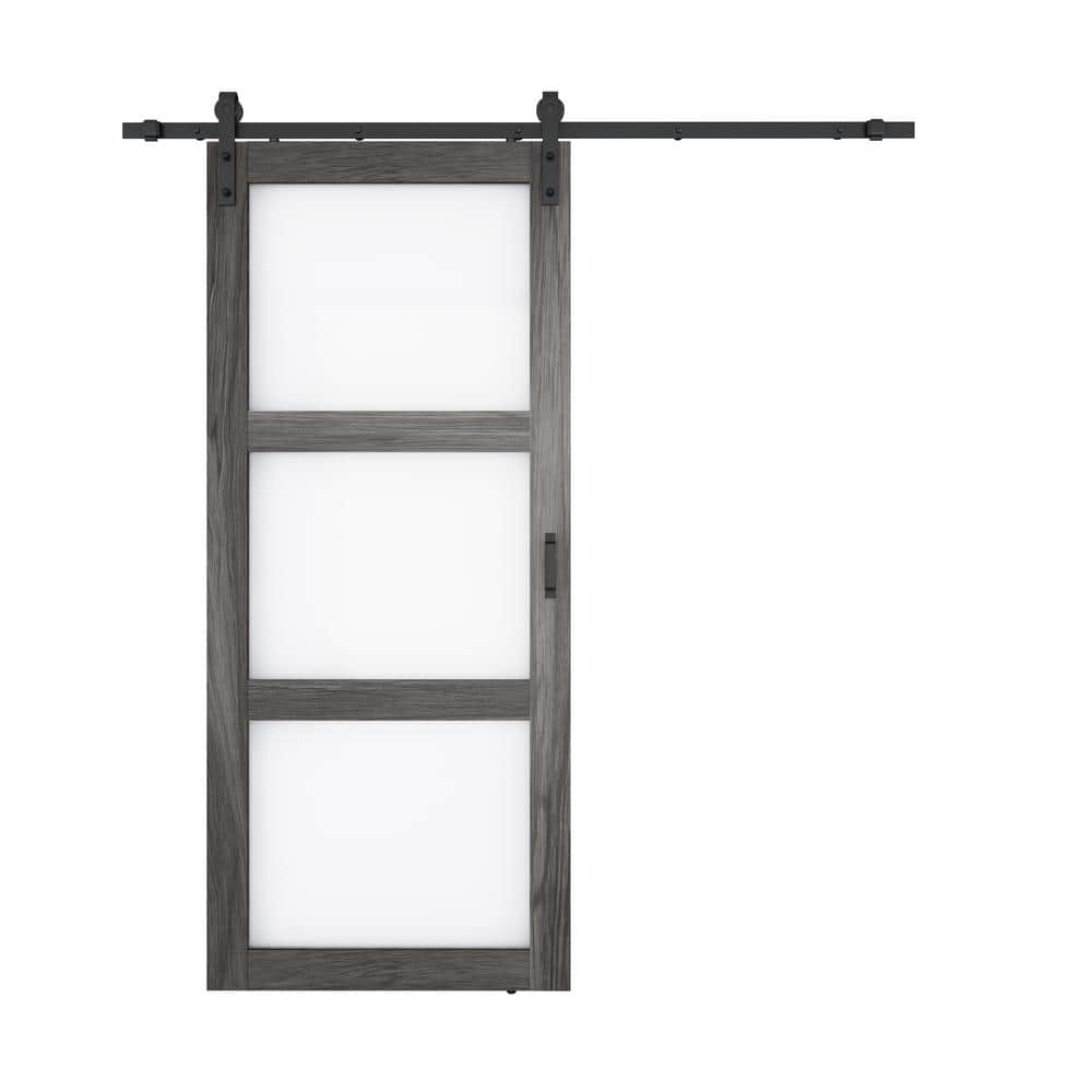 36 in. x 84 in. 3 Vision Frosted Glass Dark Gray Solid Core MDF Sliding Bar