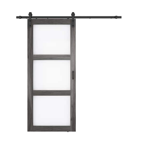 36 in. x 84 in. 3 Vision Frosted Glass Dark Gray Solid Core MDF Sliding Barn Door with Hardware Kit
