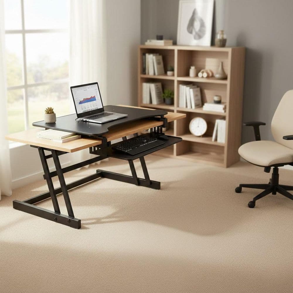 32 in. W Black Height Adjustable Standing Desk Converter with Anti Fatigue Mat and Dual Monitor Riser Platform price history on PriceWatchPro