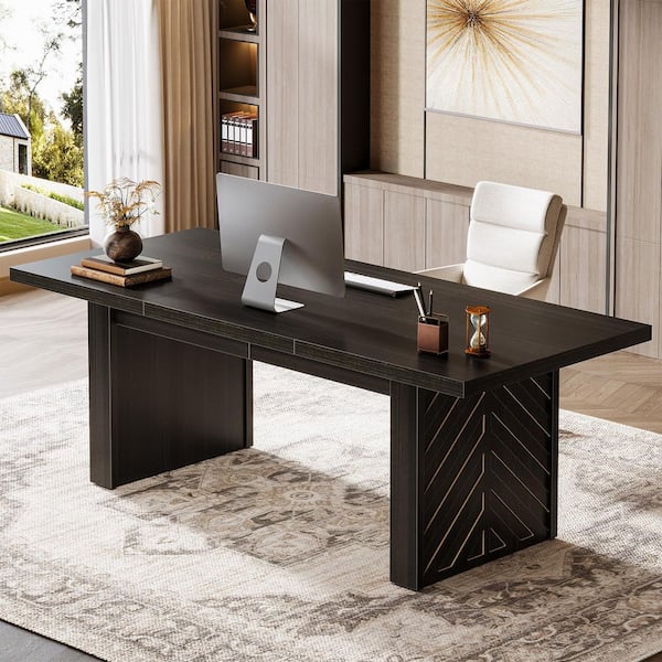 Moronia 70.9 in. Rectangle Black Wood Executive Desk with Spacious Desktop, Large Home Office Desk with Wooden Legs