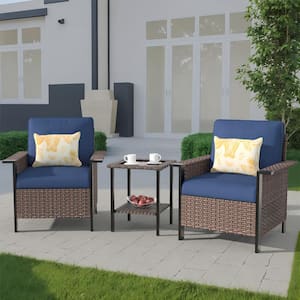 Nyajiah 3-Piece Wicker Patio Conversation Set with Blue Cushions