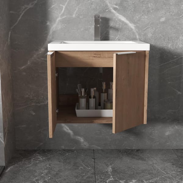 24 in. W x 18 in. D x 19 in. H Float Mounting Bath Vanity in Imitative Oak with White Resin Basin Top, Soft Close Doors