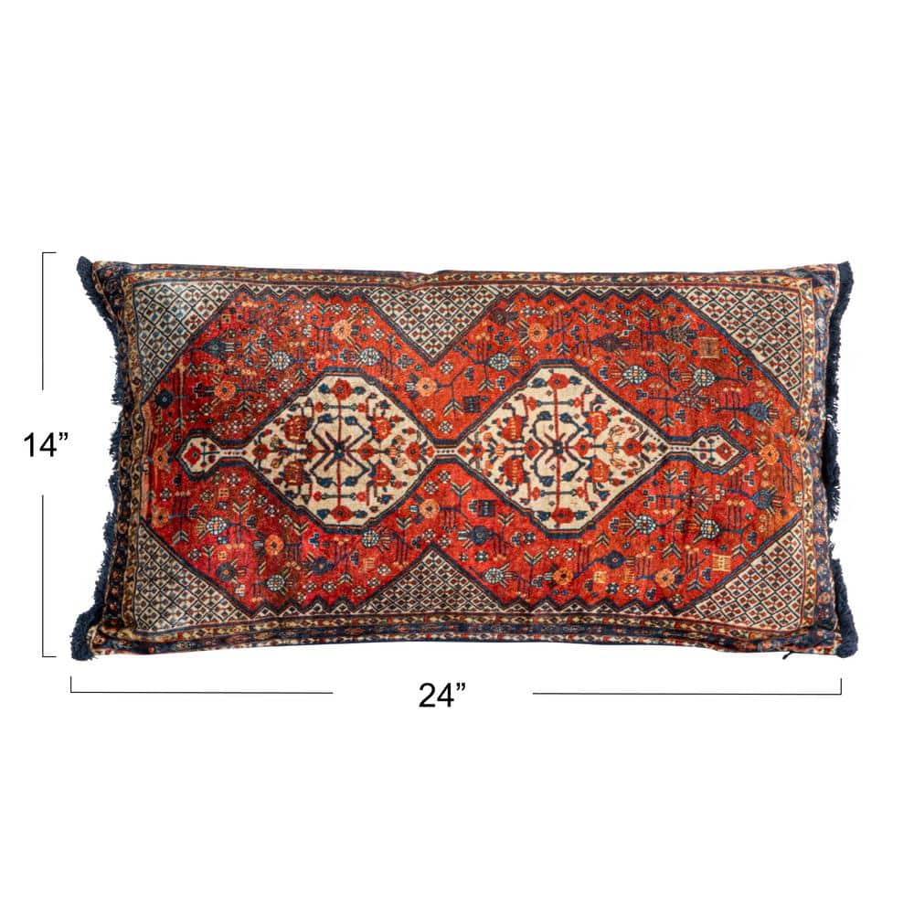 Vintage Multicolor Velvet Rectangular Lumbar Pillow with Fringe