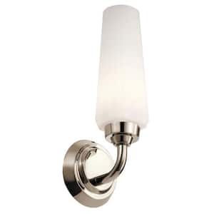 Truby 11.5 in. 1-Light Polished Nickel Bathroom Indoor Wall Sconce Light with Satin Etched Cased Opal Glass