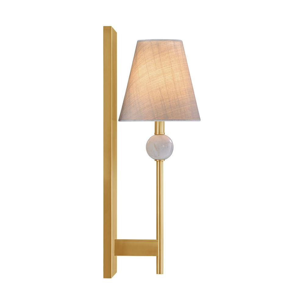 Warm Brass Wall Sconce with White Fabric Shade and Marble Accent