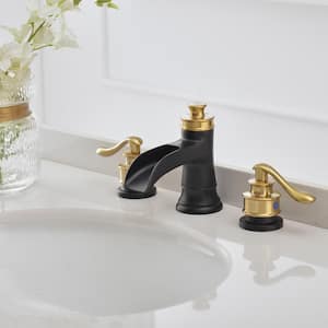 8 in. Waterfall Widespread 2-Handle Bathroom Faucet With Pop-up Drain Assembly in Matte Black & Gold