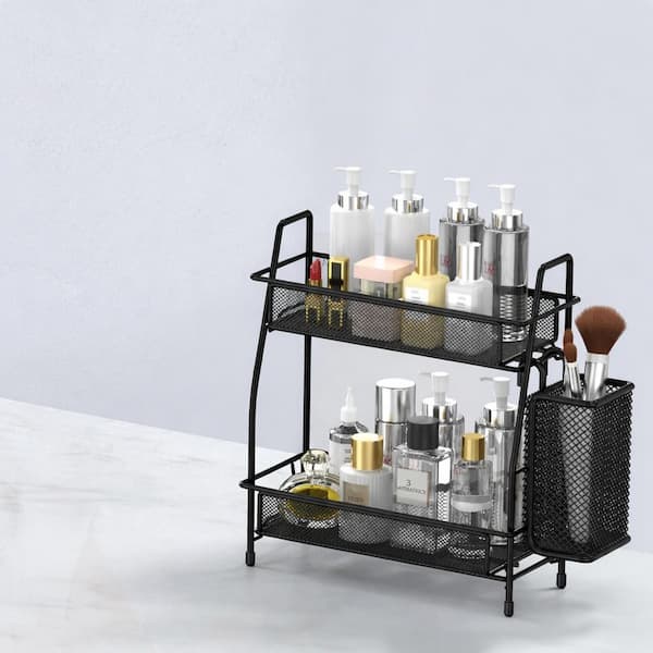 Black Bathroom Countertop Organizer Spice Rack Kitchen Shelf Drawer Organizer with High Guardrail Anti-Slip Design