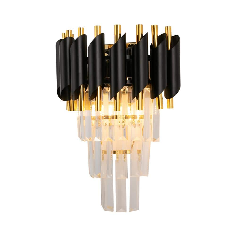 OUKANING 9.84 in. 2-Light Gold and Black Modern Crystal Wall Light Wall ...