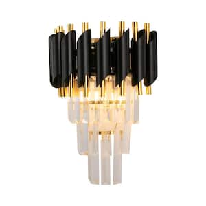 9.05 in. 2-Light Gold and Black Modern Crystal Wall Light Wall Sconce with Clear Crystal Shade, No Bulbs Included