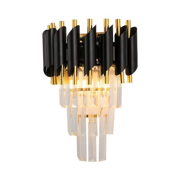 OUKANING 9.84 in. 2-Light Gold and Black Modern Crystal Wall Light Wall Sconce with Clear Crystal Shade, No Bulbs Included