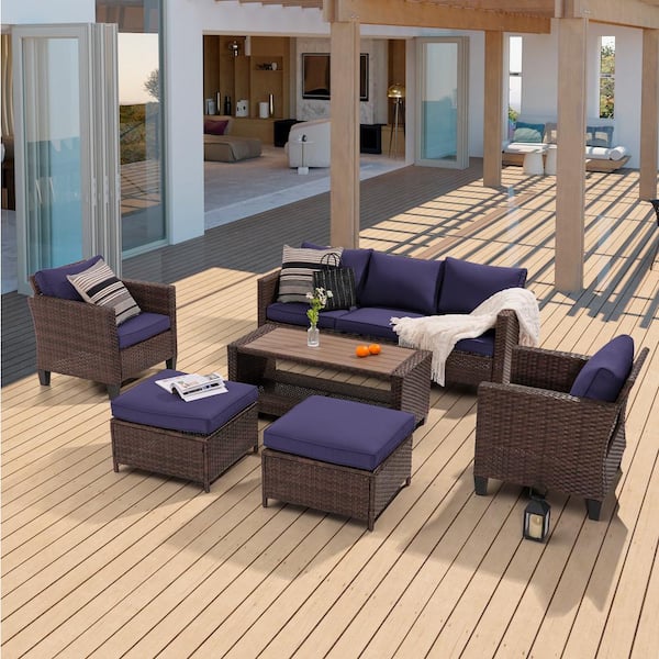 Sonkuki 6-Piece Patio Sofa Set Brown Wicker Outdoor Furniture Set with Coffee Table, Navy Blue