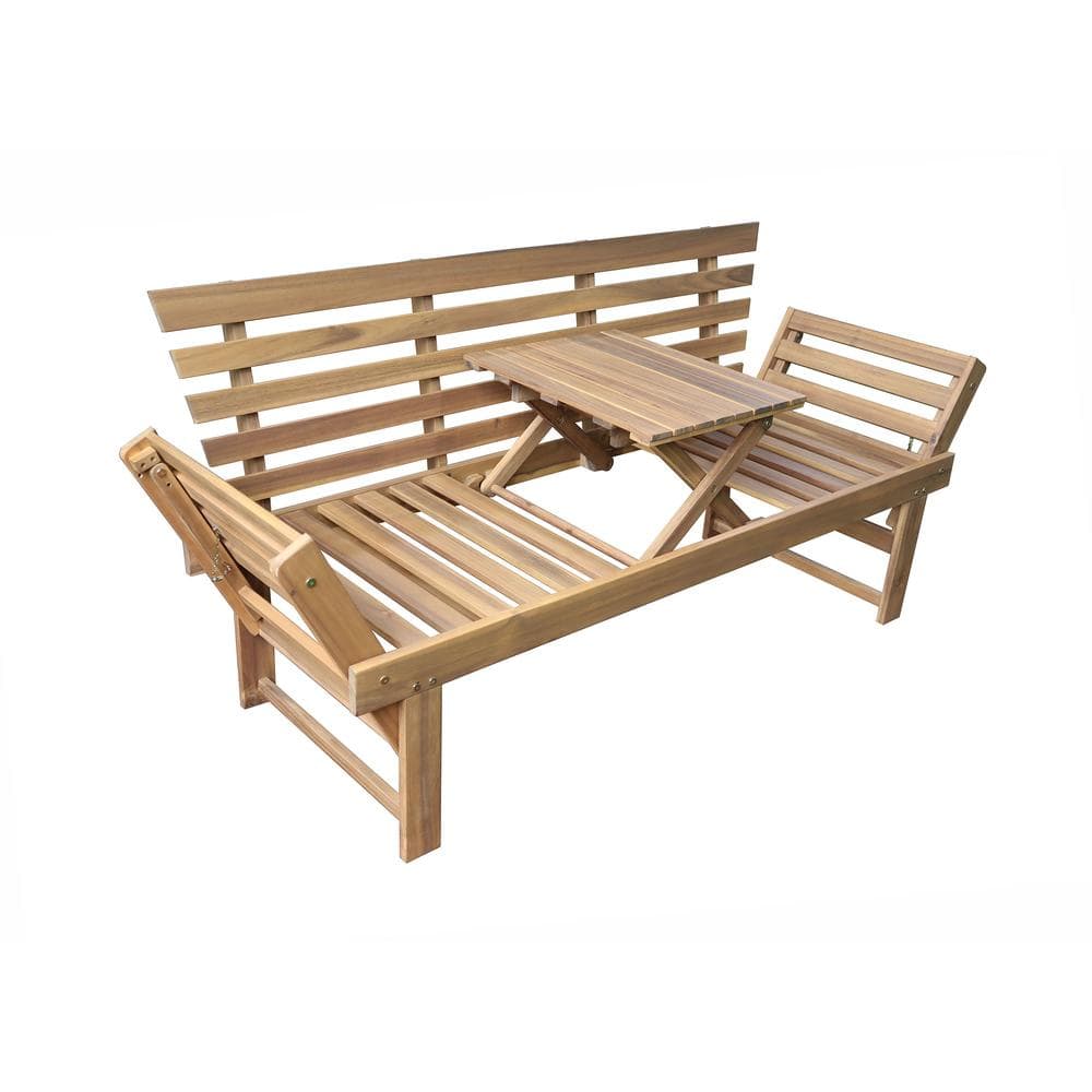 Outdoor Acacia Wood 3-Person Patio Bench with Fold Down Table