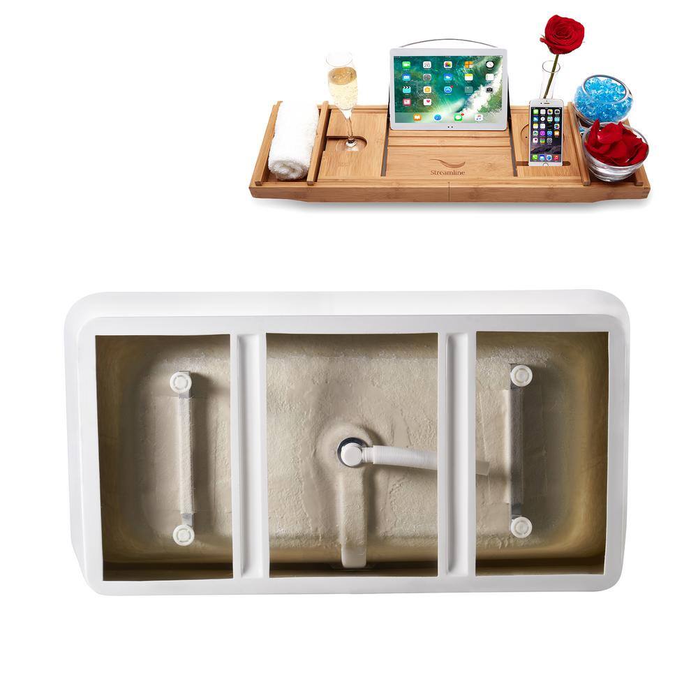 59" Glossy White Acrylic Freestanding Soaking Tub with Bamboo Tray