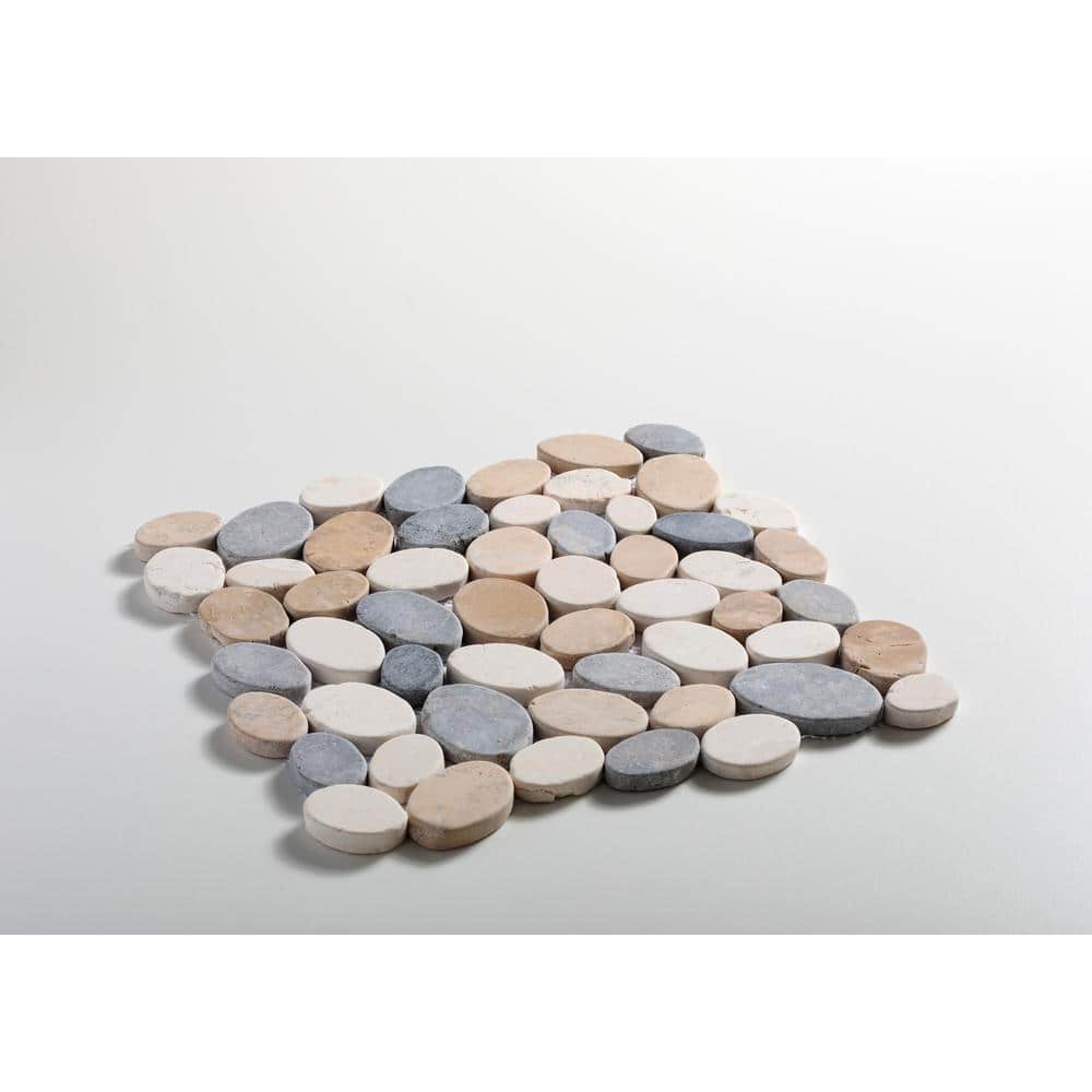 Natural Stone Pebble Mosaic Tile in Tan, White, and Gray
