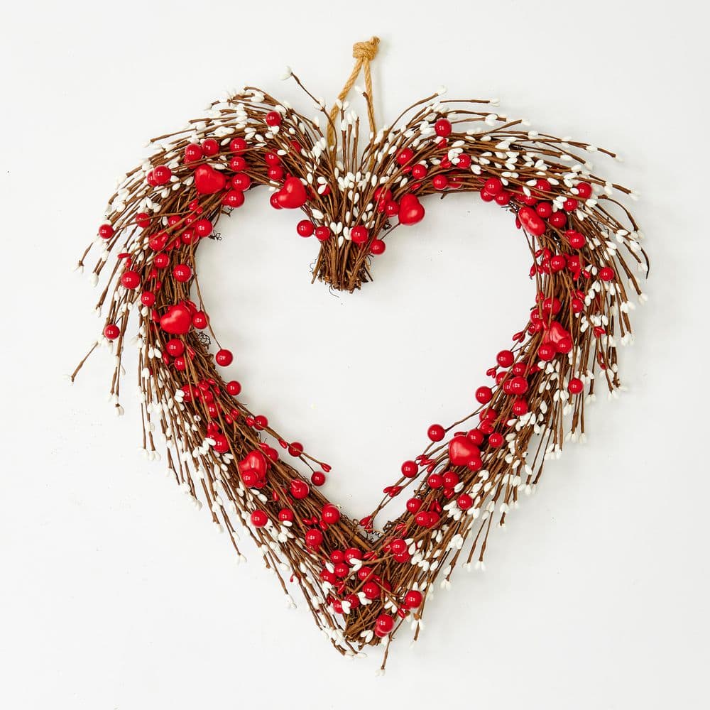 18 in White and Red Berry Heart Wreath on Natural Twig Base