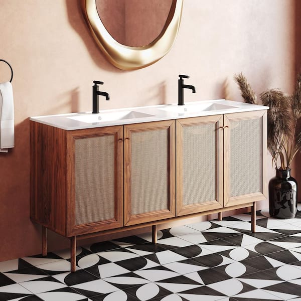 Classe 60 in. Freestanding Bath Vanity in Golden Oak with White Ceramic Double Basin Sink Top