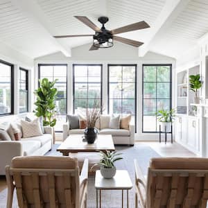 52 in. Farmhouse Indoor Black Downrod Mounted 5-Blade LED Ceiling Fan with Light Kit and Remote