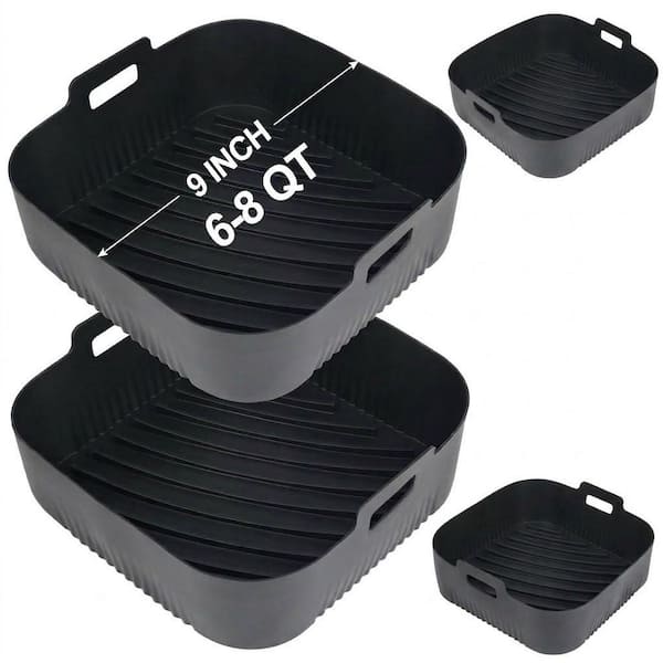2-Piece Black Silicone Dishwasher Safe Dish Set Handle, 9 in. Square Silicone Air Fryer Liners Set