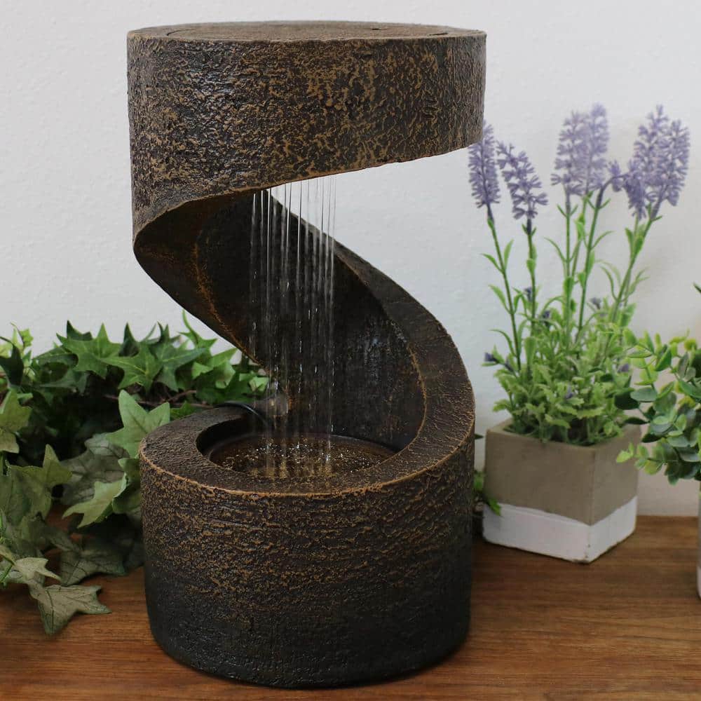 Brown Polyresin Spiral Tabletop Water Fountain with LED Light