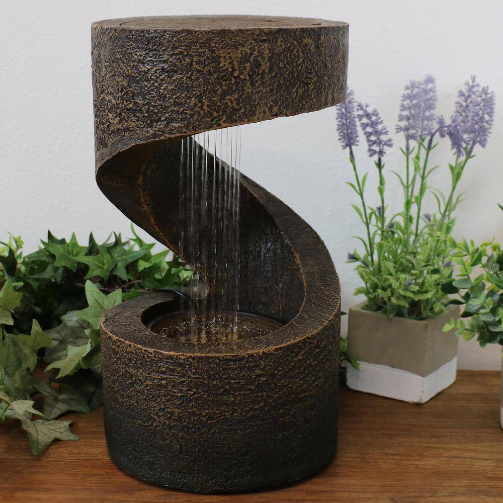 Brown Polyresin Spiral Tabletop Water Fountain with LED Light