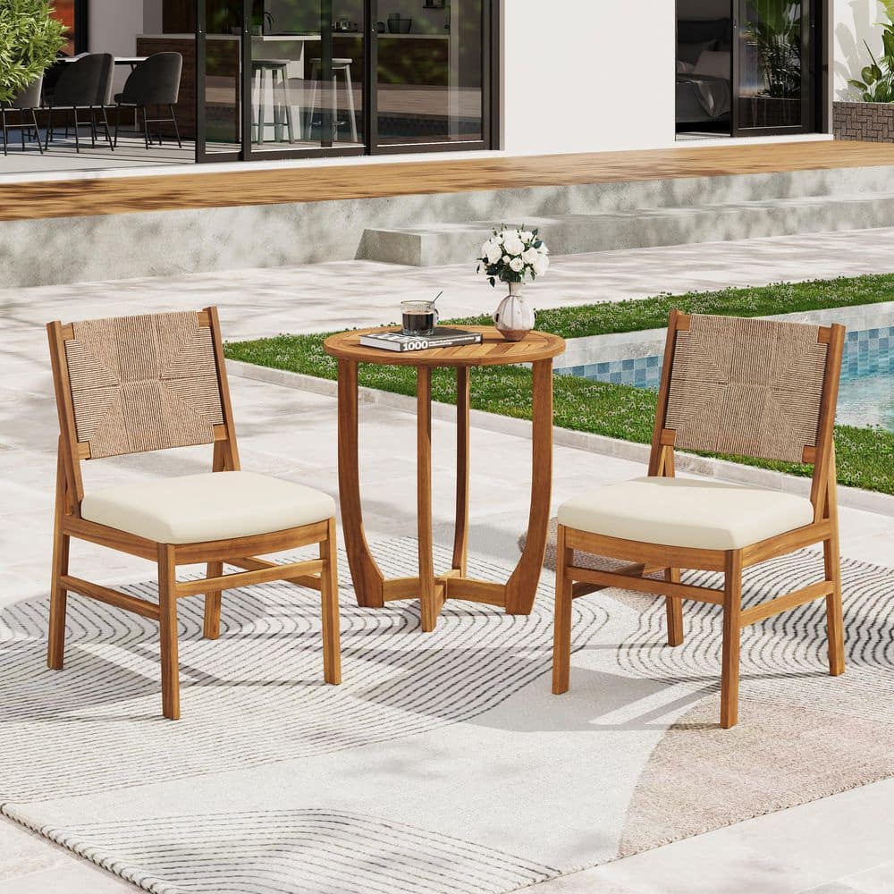 Cervano Rustic 3-Piece Wood and Wicker Woven Round Outdoor Bistro Set with Cream Cushions, Teak Finish + Light Brown price history on PriceWatchPro
