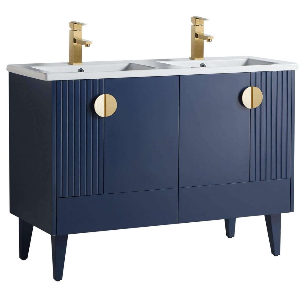 FINE FIXTURES Venezian 48 in. W x 18.11 in. D x 33 in. H Bathroom Vanity Side Cabinet in Navy Blue with White Ceramic Top -  VN48NB-VNHA2SBD