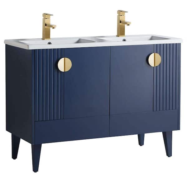 FINE FIXTURES Venezian 48 in. W x 18.11 in. D x 33 in. H Bathroom Vanity Side Cabinet in Navy Blue with White Ceramic Top
