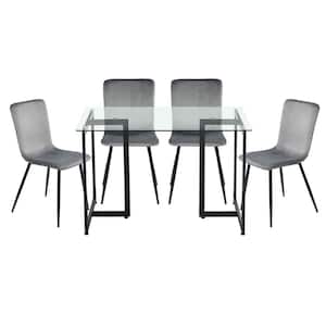 Slip Scargill Grey 5-Pcs Dining Set with Glass Top Black Leg Table and Velvet Upholstered Chairs