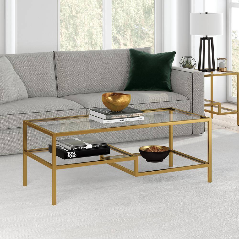 Contemporary Brass and Glass Double-Tiered Coffee Table