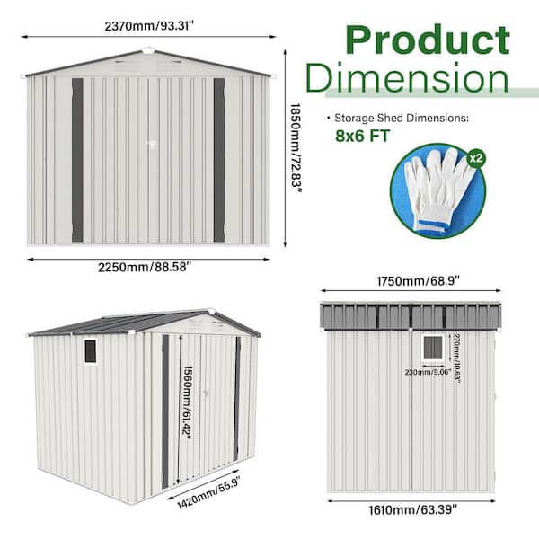 8 ft. W x 6 ft.D Metal Shed with Double Doors, Roof Waterproof w
