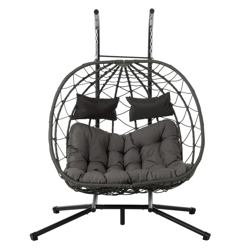Outdoor Patio Black Wicker Egg Chair with Charcoal Gray Cusion